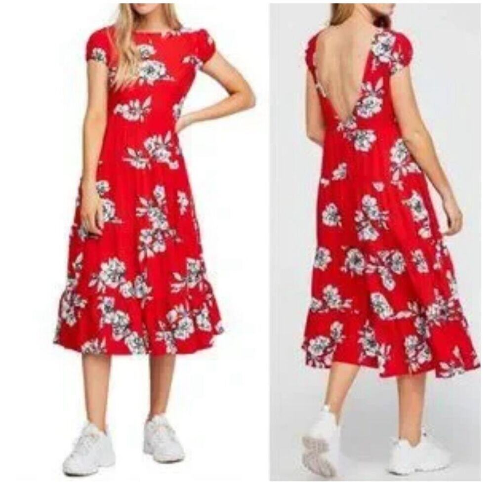 Anthropologie Free People Rita Red Floral Print Tiered Midi Dress Size Small Pet